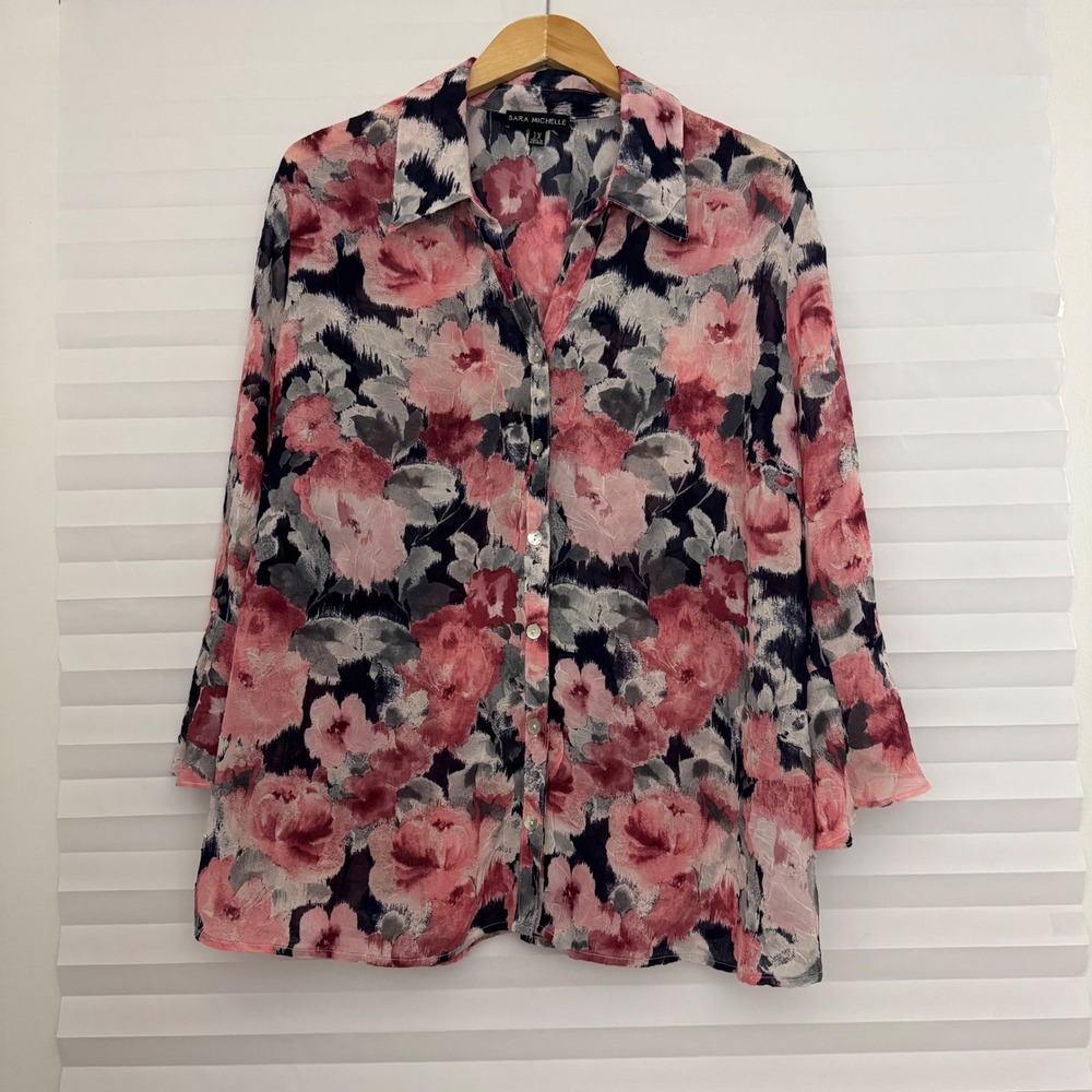 Sara Michelle Pink Navy Floral Crinkle Bell Sleeve Whimsical Blouse 1X Feminine